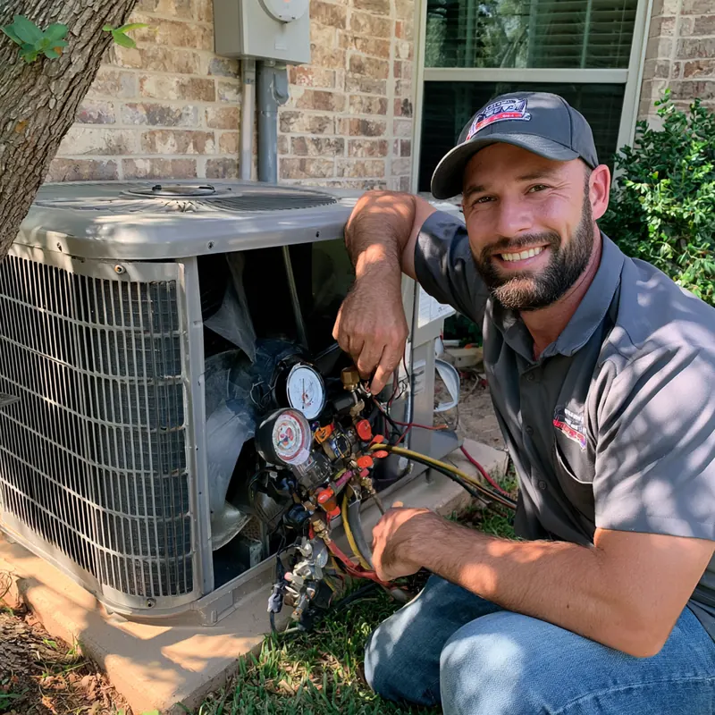 Smiling HVAC technician kneeling beside an open outdoor air conditioning unit with refrigerant gauges connected