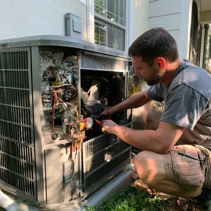 HVAC technician working on wiring inside the open panel of an outdoor air conditioning unit