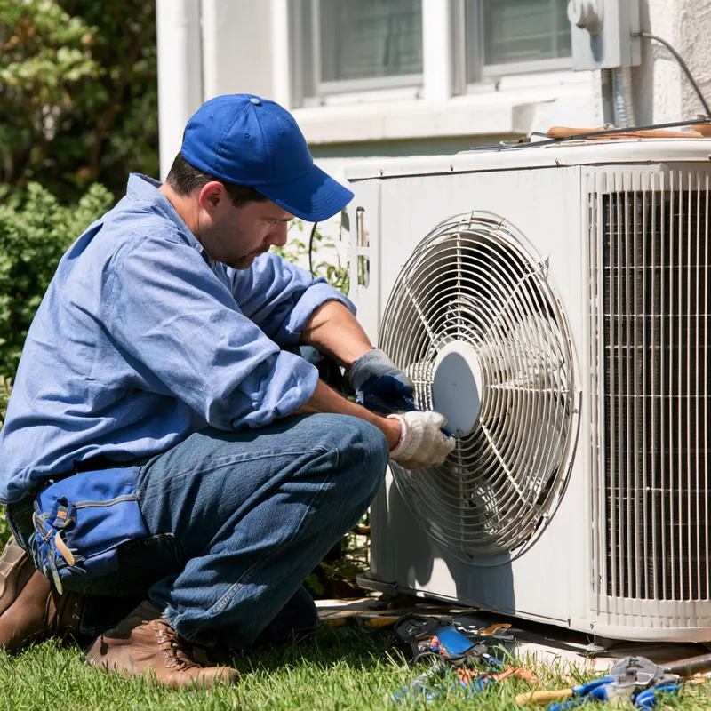 HVAC technician in a blue cap servicing the fan of an outdoor air conditioning unit