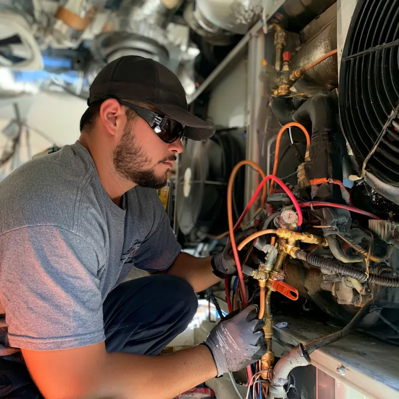 HVAC technician in safety glasses connecting refrigerant gauge hoses to heating and cooling equipment