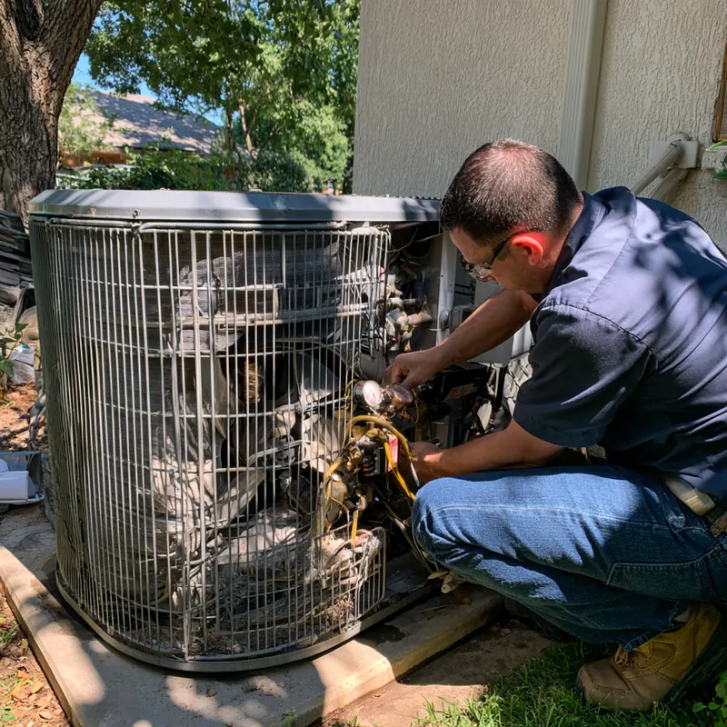 HVAC technician kneeling beside an older outdoor condenser and connecting refrigerant gauges
