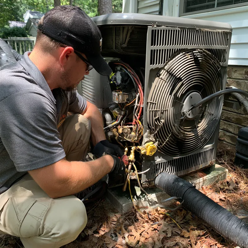 HVAC technician repairing wiring and refrigerant connections inside an outdoor condenser