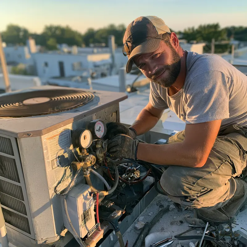 Smiling HVAC technician servicing a rooftop condensing unit with pressure gauges at sunset