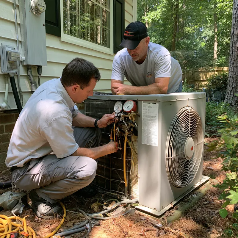 Two HVAC technicians checking refrigerant pressure on an outdoor air conditioner beside a home
